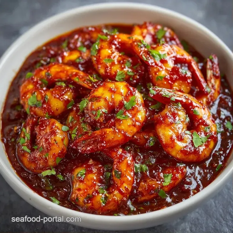 A shallow white bowl of spicy red shrimp curry garnished with bright green cilantro and a side of fluffy white rice.
