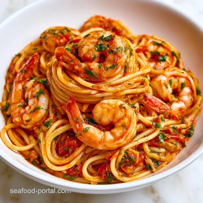 A white ceramic bowl holding twisted pasta coated in rich red sauce, topped with seared shrimp and a basil leaf.