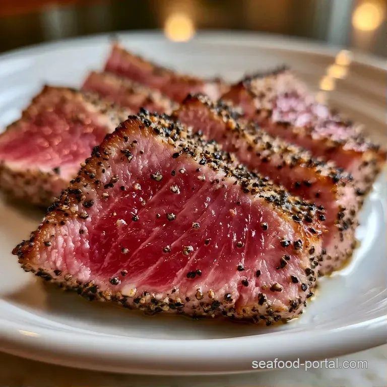 Sliced seared tuna fillets atop a swirl of creamy puree, garnished with microgreens and a wedge of fresh lemon.