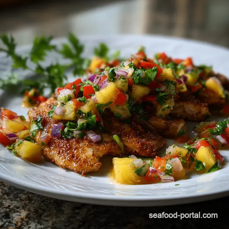 Grilled white fish fillet topped with a generous portion of vibrant sweet and spicy pineapple salsa, served on a white plate.