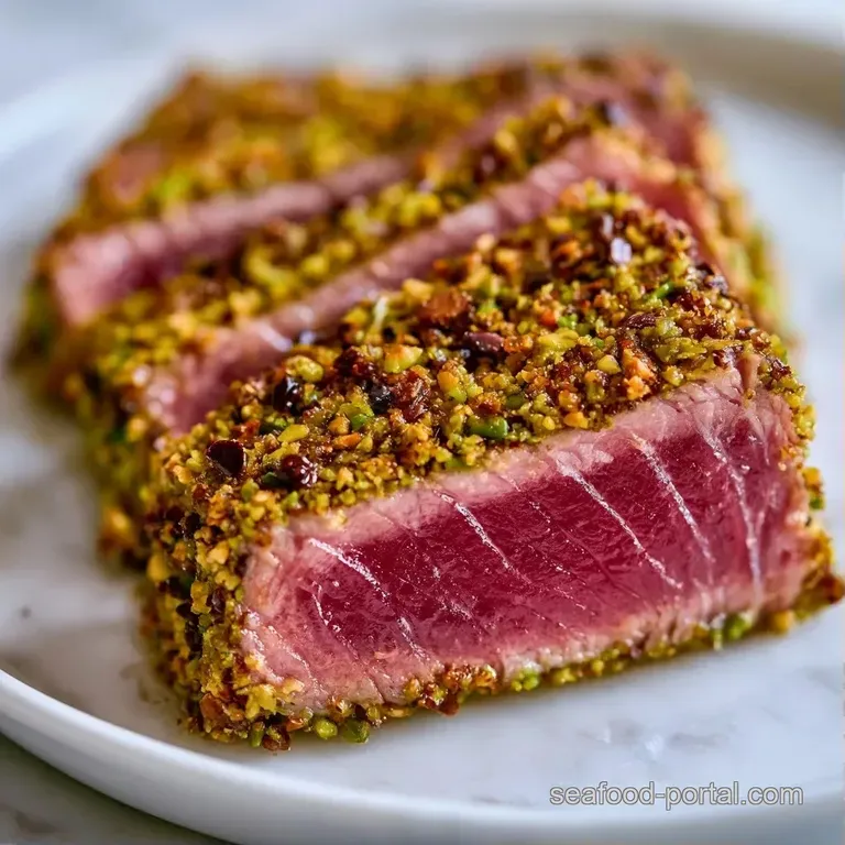 Elegant platter featuring sliced tuna with a crushed pistachio coating beside a swirl of creamy lemon butter sauce.
