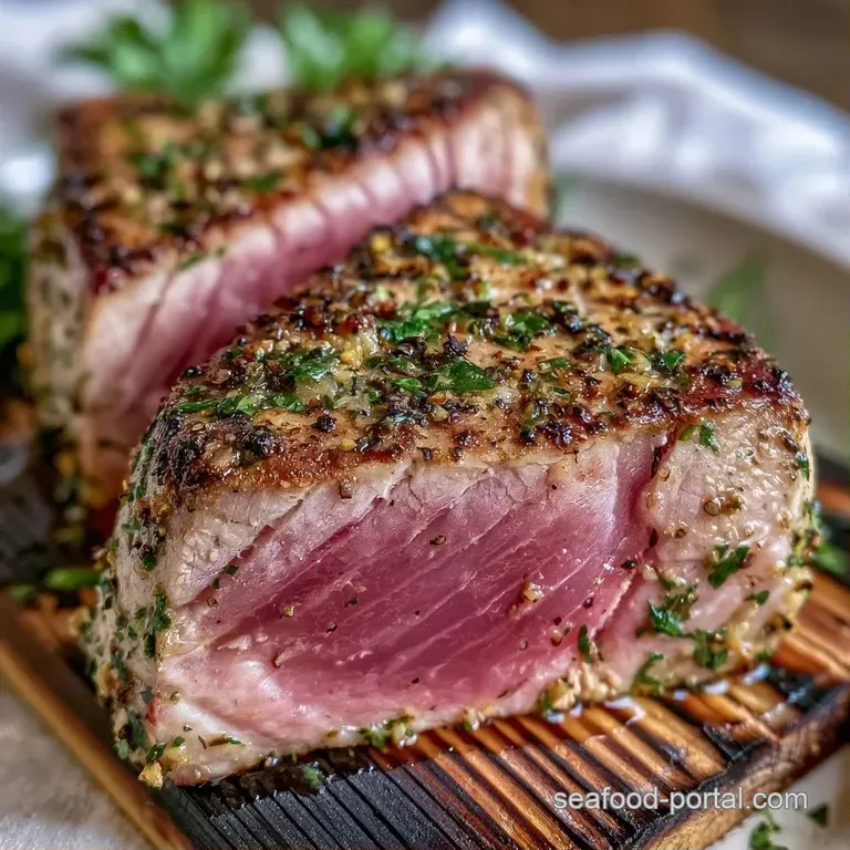 Thick tuna fillets with dark grill marks plated beside steamed green asparagus and a bright slice of yellow lemon.