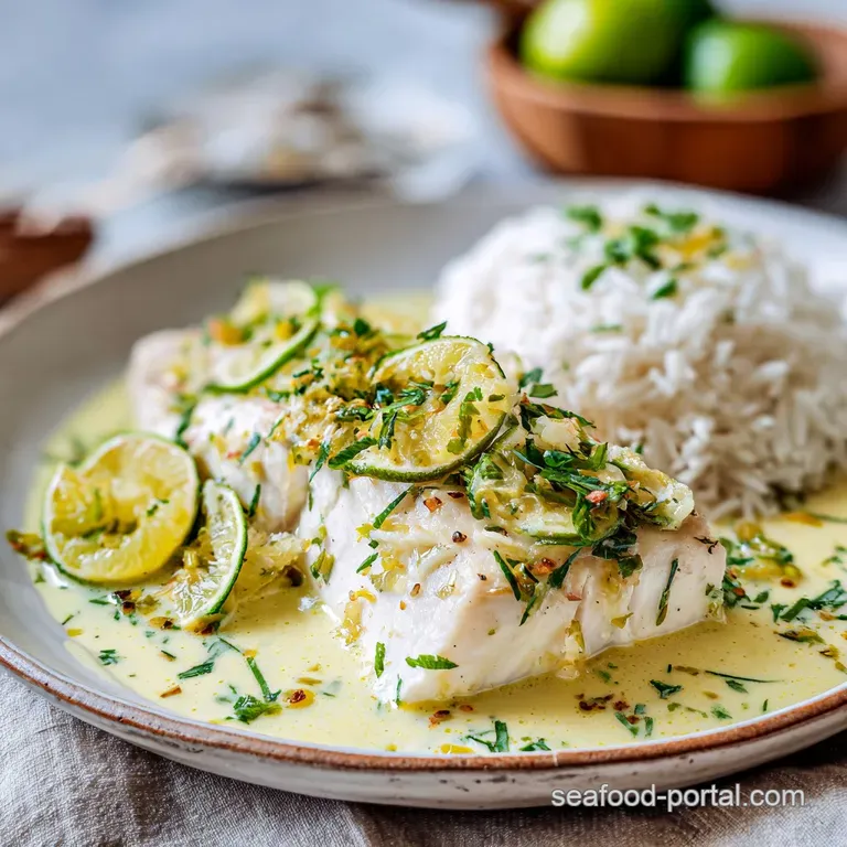 Poached white fish glistens under coconut-lime sauce. Vibrant green herbs add contrast. Plated simply on a white plate.