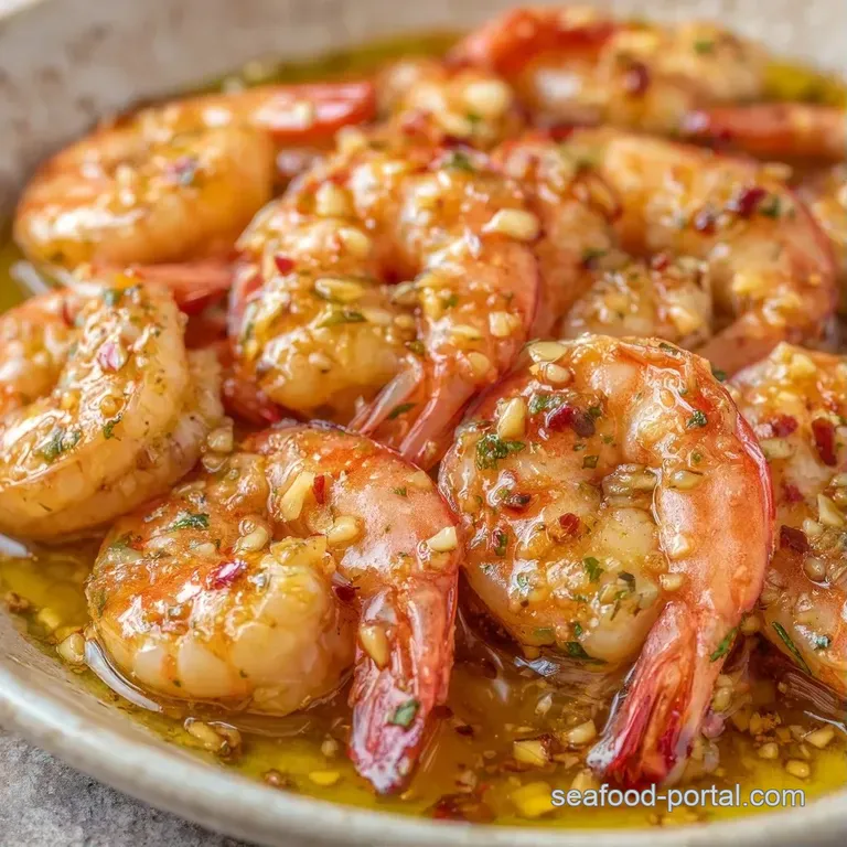 Plump pink prawns resting in a shimmering golden oil pool with bright lemon wedges and a sprig of fresh green thyme.