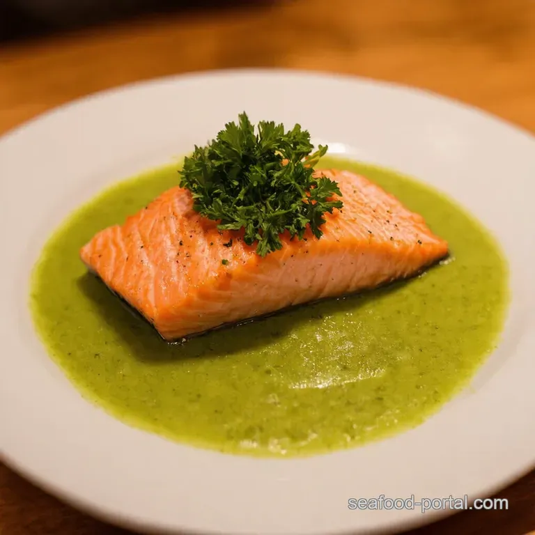 Poached Salmon with Bright GarlicParsley Sauce presentation