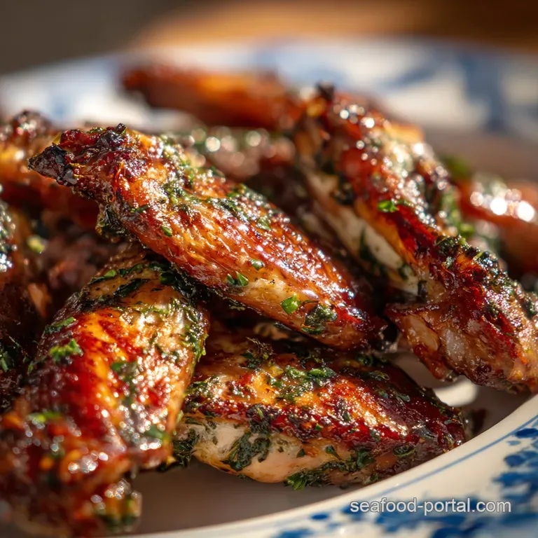 Perfectly arranged smoked turkey wings on a platter, accented by fresh herbs, creating an inviting and rustic presentation.