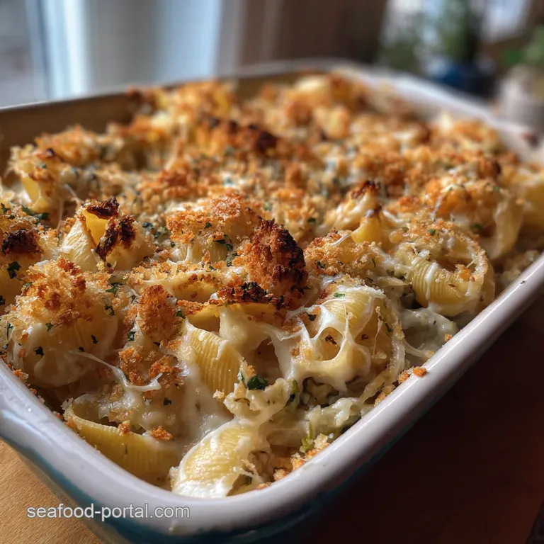 Proper Cheesy Tuna Shell Pasta Bake with Crispy Panko Topping presentation