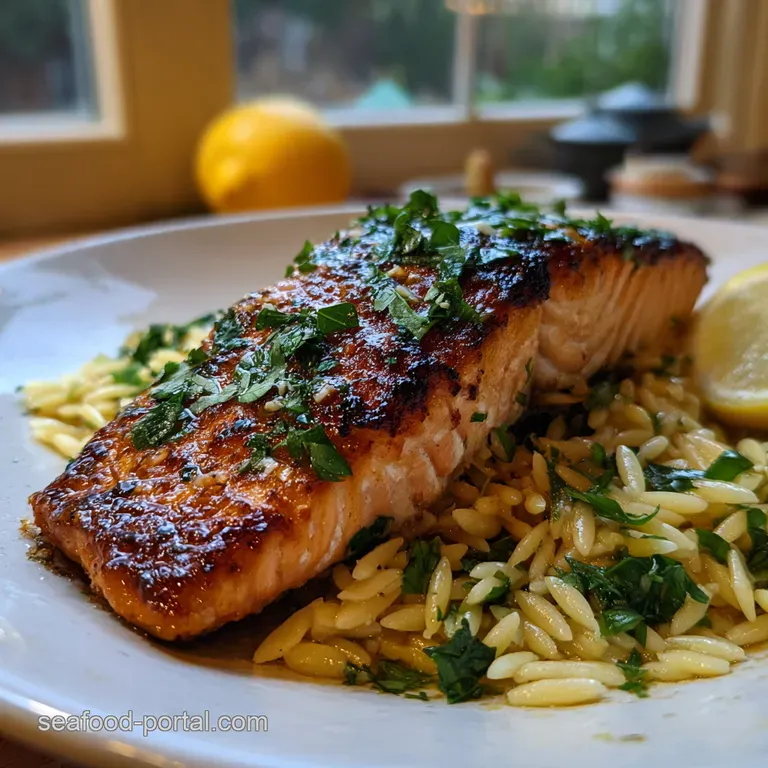 Properly Seared Salmon with Bright Lemon and Herb Orzo presentation