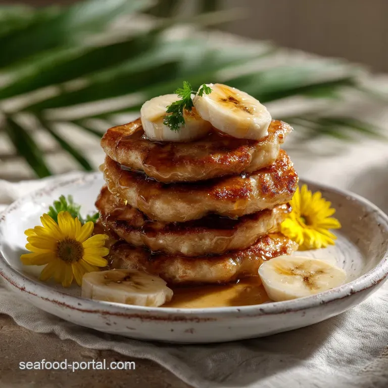 Fluffy, golden pancakes stacked high, drizzled with maple syrup. Fluffy texture, with fresh banana slices and a sprinkle o...