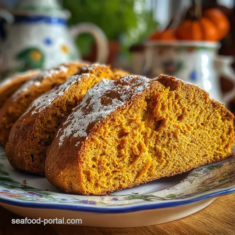 Thick slice of moist pumpkin soda bread with melted butter, steam rising. Autumn sunlight catches the golden crust.