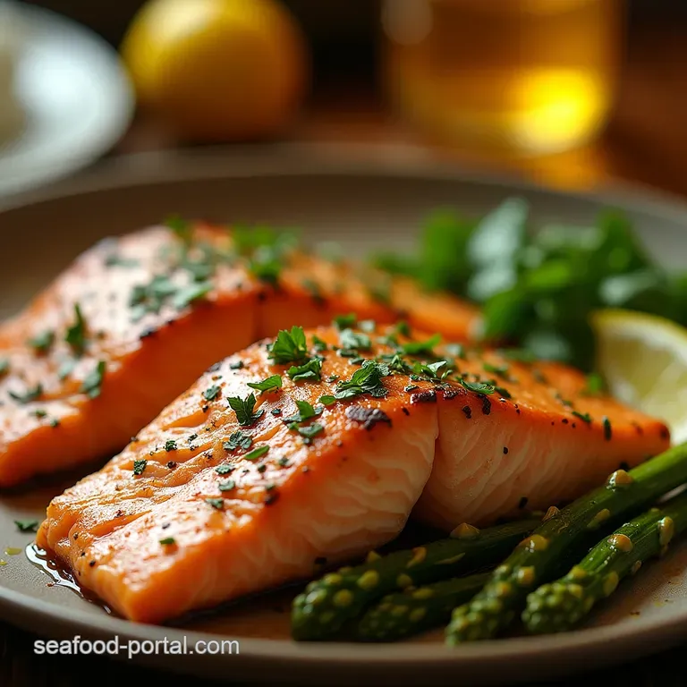 Under the Grill 20Minute LemonHerb Broiled Salmon with Crispy Asparagus presentation