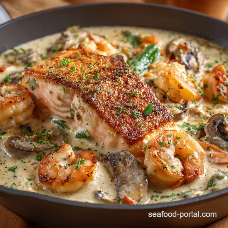 The Riviera Rendezvous Creamy Garlic Prawn and Dill Salmon presentation