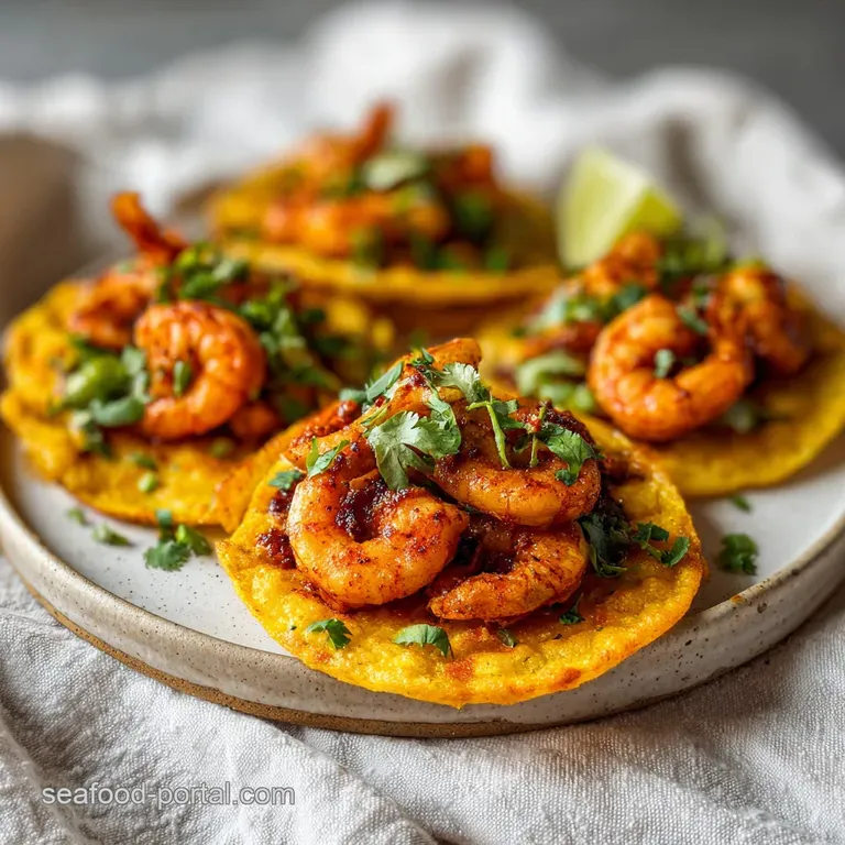 A trio of toasted corn shells topped with colorful shrimp and slaw, presented on a rustic platter with lime slices.