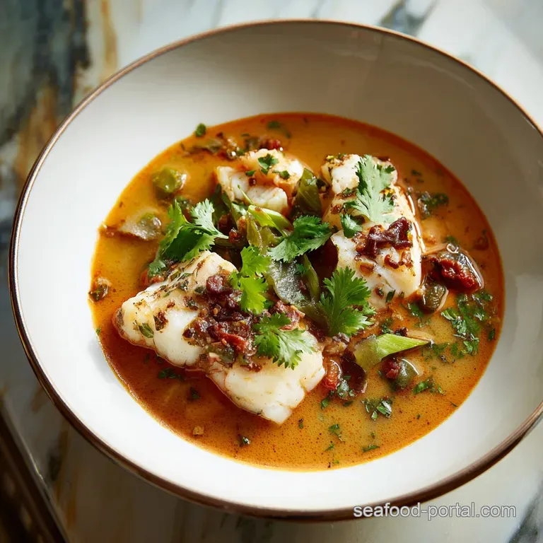 Elegant plating: delicate fish fillet swimming in bright, flavorful soup; garnished with fresh herbs for a restaurant-wort...