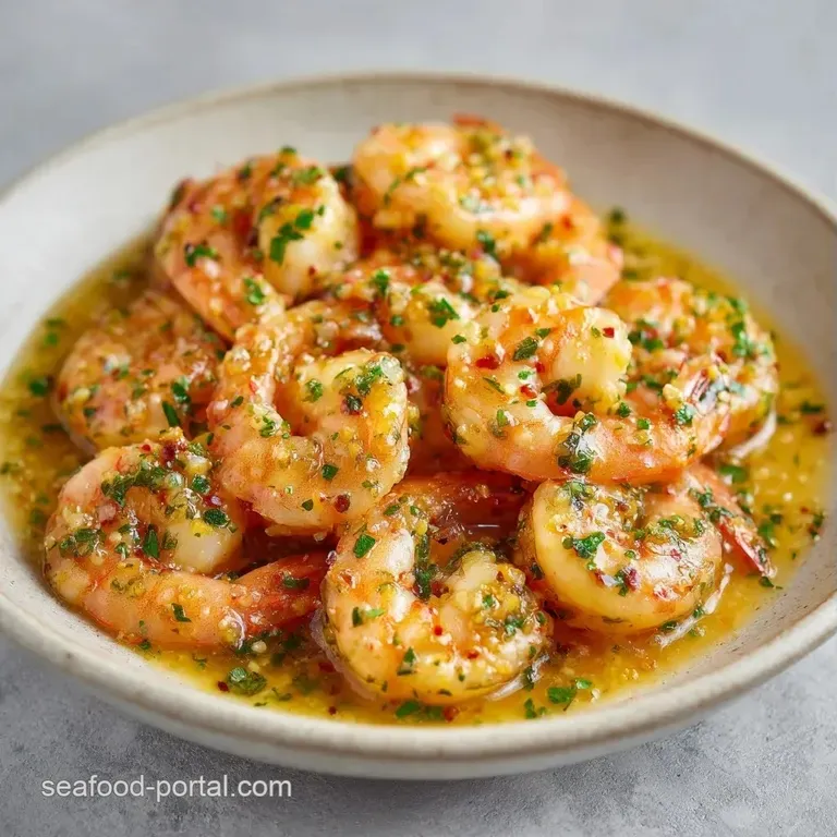Elegant white plate with seared pink shrimp, glistening garlic butter, and a bright garnish of chopped fresh parsley.