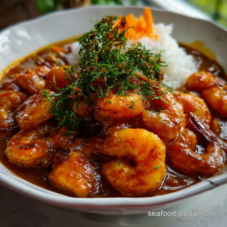 Elegant white bowl showcasing a portion of Japanese shrimp curry, garnished with a sprinkle of fresh herbs and a drizzle o...