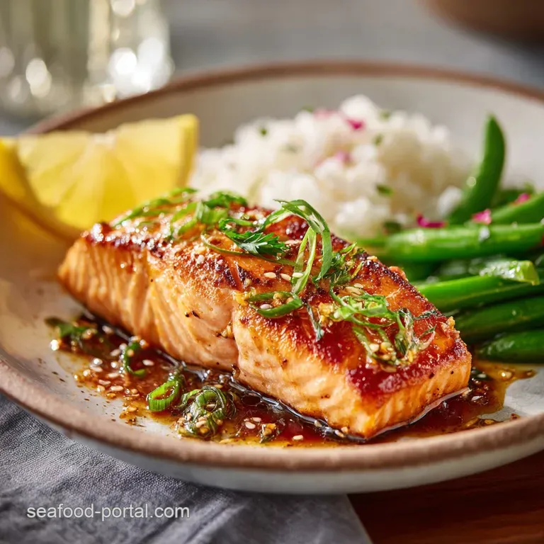 Elegant plate featuring a salmon fillet with golden-brown crust, alongside a swirl of creamy sauce and colorful microgreen...