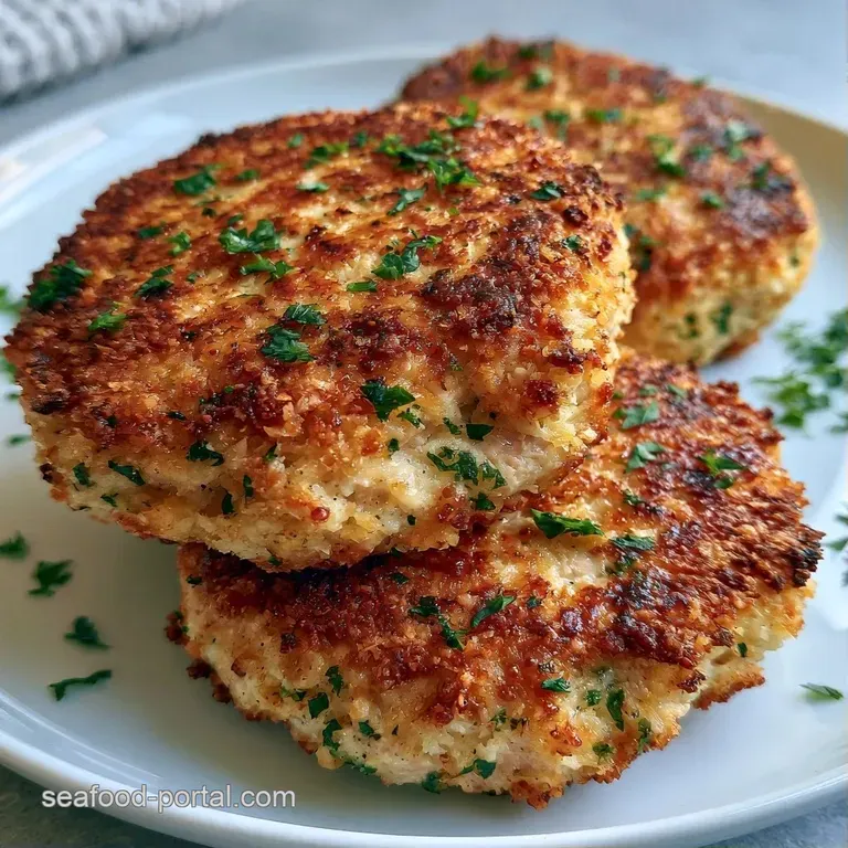 Three seared golden patties neatly stacked with a drizzle of creamy sauce and microgreens on a white plate.