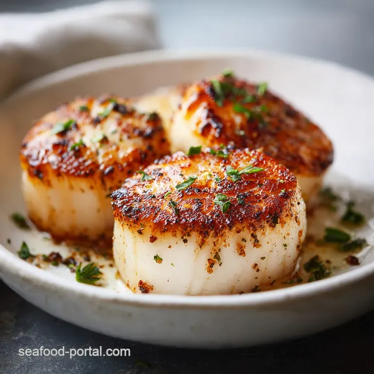 Perfectly seared scallops arranged artfully on a white plate, drizzled with bright sauce, garnished with microgreens and e...