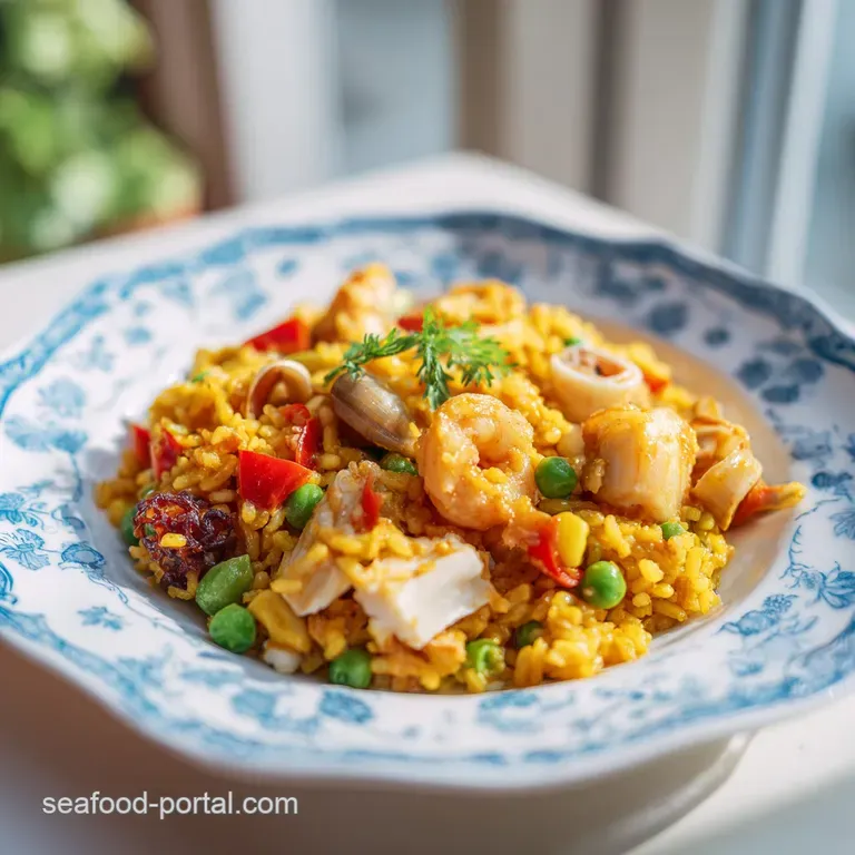 A generous portion of paella artfully arranged on a rustic platter, showcasing tender chicken and vibrant peas.