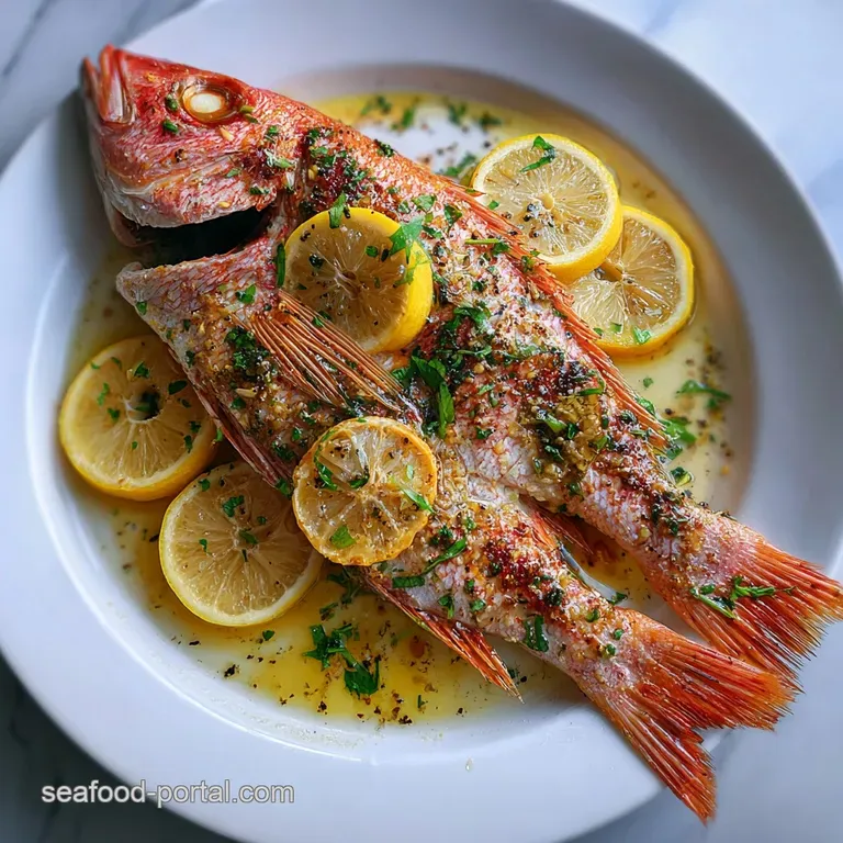 Flaky baked red snapper fillet, glistening with lemon butter, served atop a bed of vibrant green asparagus spears on a whi...