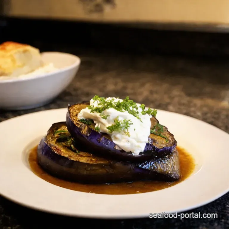 Roasted Aubergine with Herby Yogurt and Pomegranate Jewels presentation