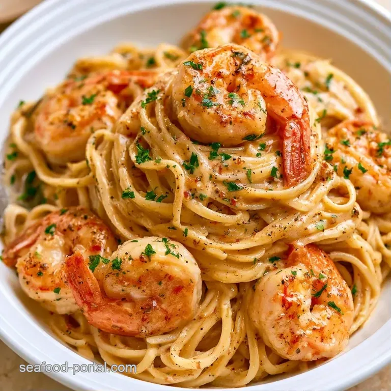 Elegant white bowl of creamy pasta topped with seared shrimp and a sprinkle of fresh green parsley and parmesan.