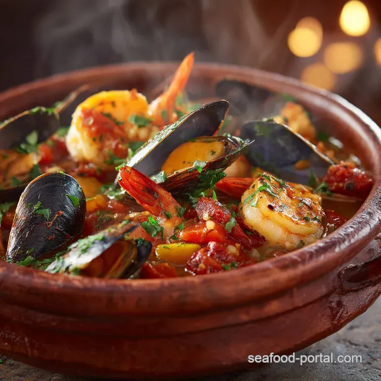 Shrimp and Mussels in Saffron-Chorizo Broth (The Coastal Pot) presentation