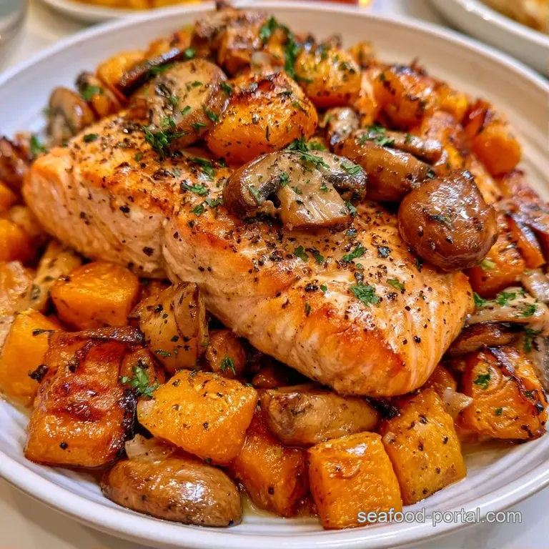 Tender pink salmon and earthy brown mushrooms tucked into a golden acorn squash shell on a clean ceramic plate.