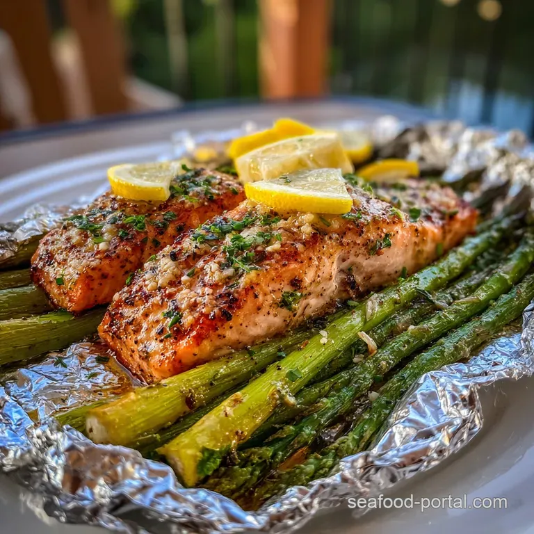 Salmon fillet with vibrant asparagus spears, lemon slices, and herb sprigs attractively plated on white. Steaming gently.