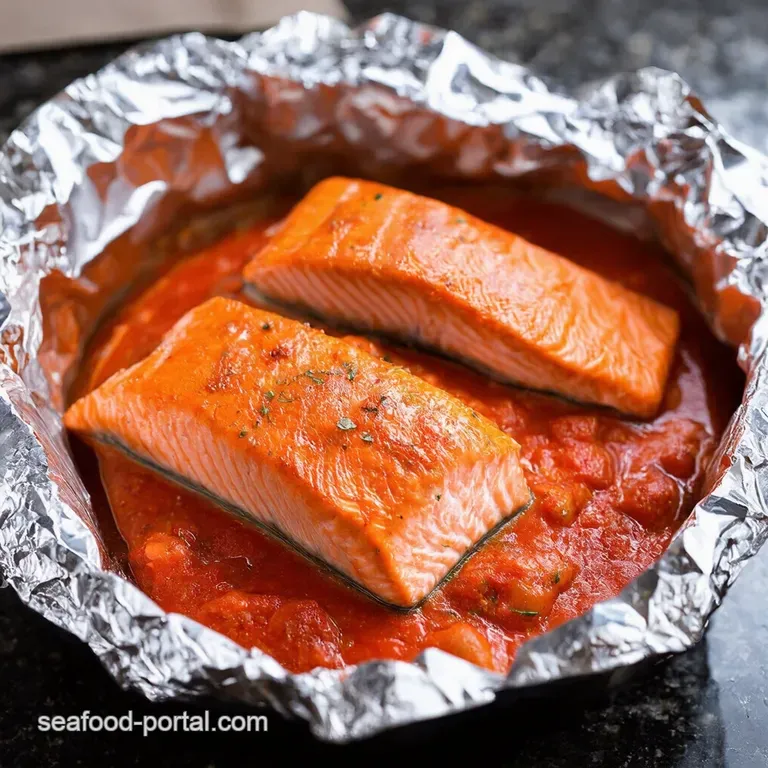 Salmon in Foil with Mediterranean Tomato Sauce presentation