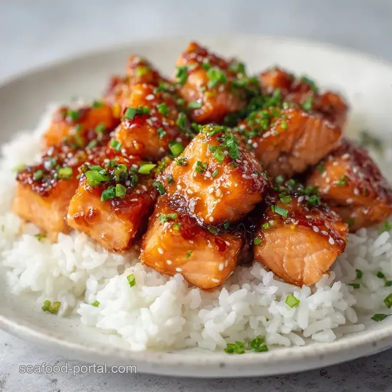 A minimalist white plate featuring a coral salmon fillet atop a neat mound of fluffy white rice with sliced scallions.