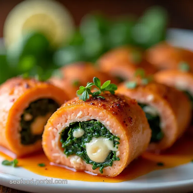 Salmon Pinwheels Stuffed with Creamy Spinach Feta presentation