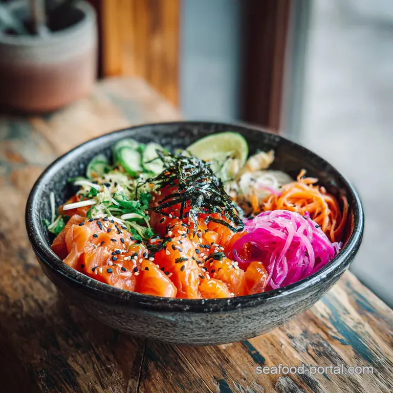 Elegant salmon poke bowl with avocado slices fanned, glistening sesame seeds and vibrant green scallions, served on white.