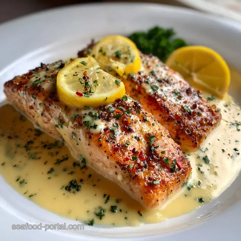 Pan-seared salmon glistening with creamy sauce, artistically plated alongside tender asparagus and a bright lemon wedge fo...