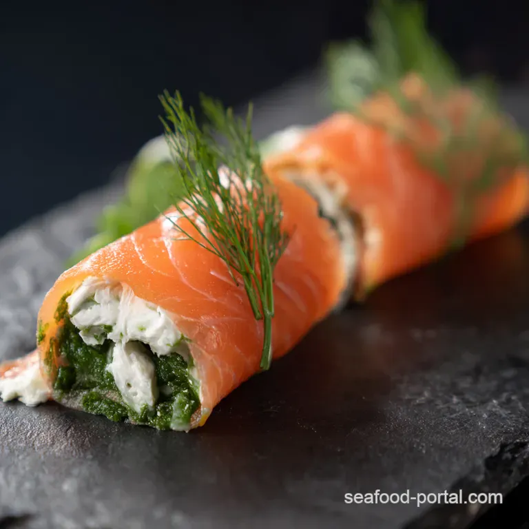 Salmon Smoked Salmon Roulade with Dill Cr&egrave;me Fra&icirc;che presentation