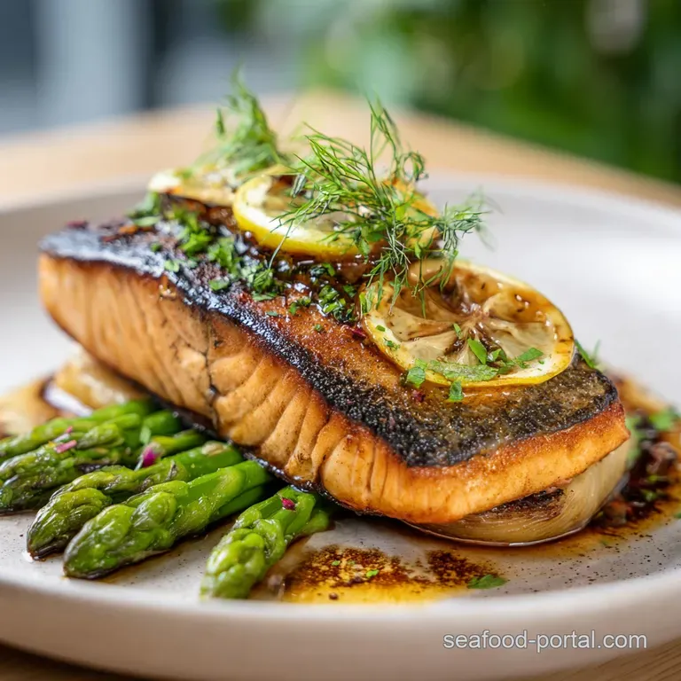 Perfectly seared salmon steak, flaky and moist, arranged artfully on a bed of green vegetables with a bright lemon slice.