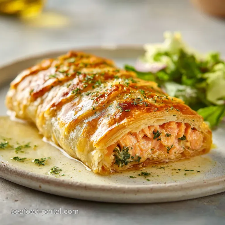 A slice of salmon wellington with golden crust, sits atop creamy sauce. A sprig of dill adds freshness and color.
