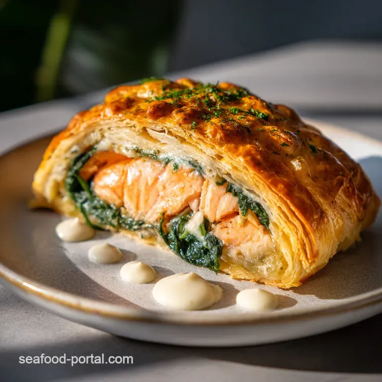 Flaky, golden Wellington slice reveals moist salmon and bright spinach filling. Served on white plate with fresh herbs and...