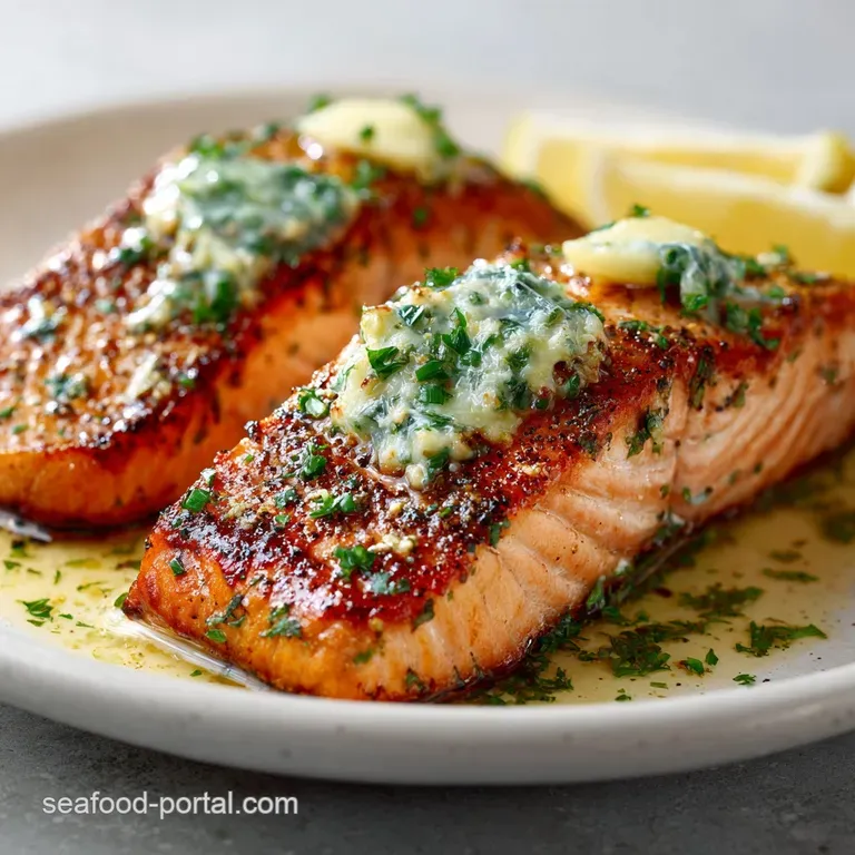 Pan-seared salmon plated elegantly. Flaky texture visible, vibrant herb butter pools on the plate. Fresh herbs as garnish,...