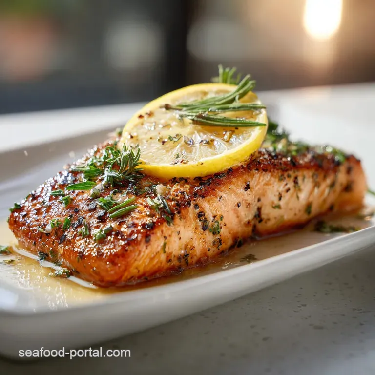 Perfectly pan-seared salmon fillet with herbs, bright lemon wedge, creamy sauce elegantly drizzled on a crisp white plate.