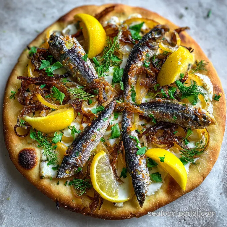 Slice of sardine pizza with glistening oil, herbs, and lemon on a white plate, showcasing the flaky crust.