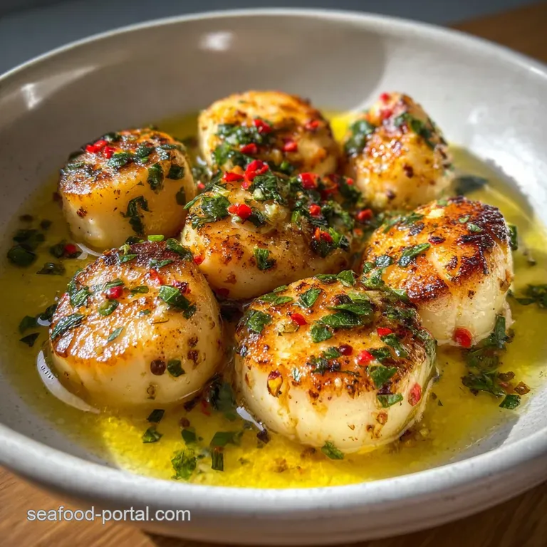 Perfectly seared scallops arranged on a white plate, swimming in a garlicky butter sauce, garnished with bright parsley sp...