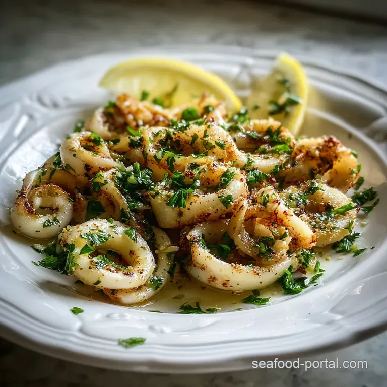 Delicate calamari piled high on a white plate, bright lemon wedges, and a drizzle of olive oil complete the fresh seafood ...