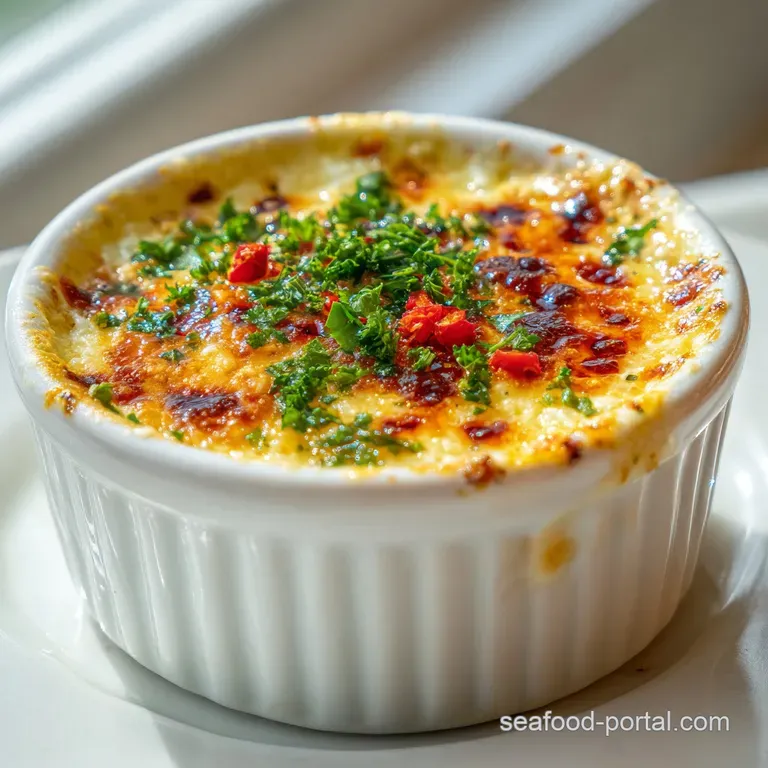 A single serving of rich crab brulee in a ramekin, garnished with fresh parsley, elegantly plated.