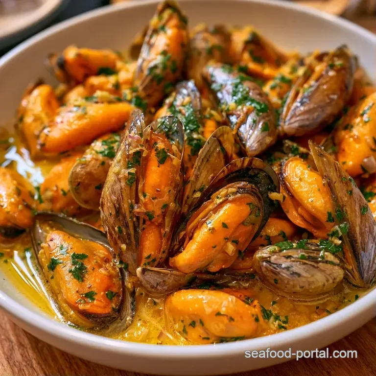 Glossy purple broth with plump mussels served in a minimalist white bowl topped with a sprig of fresh parsley.
