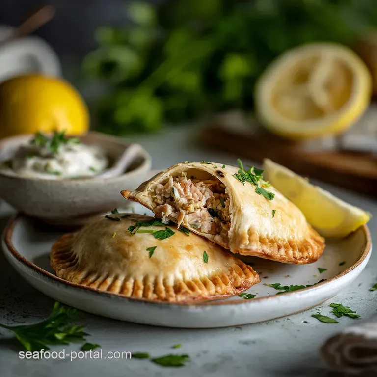 Savory tuna hand pie with a deeply browned, flaky crust served on a rustic plate. Herb sprigs add a pop of fresh green.