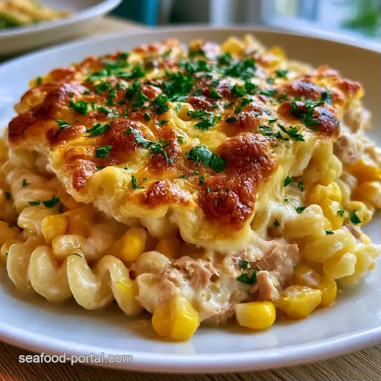 A creamy pasta portion with toasted golden cheese crust on a ceramic plate, garnished with bright green parsley.