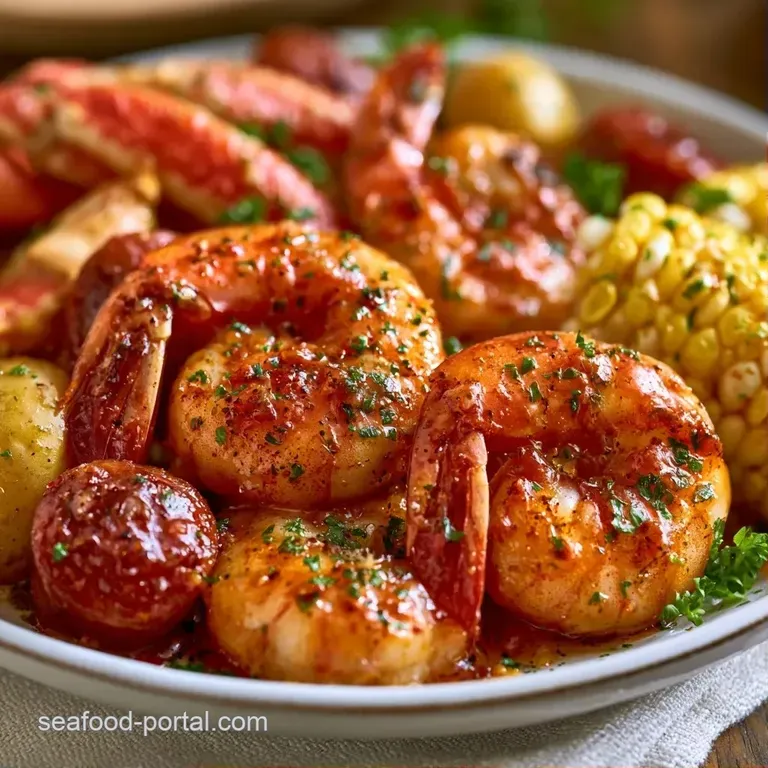 Platter of steaming shellfish, corn, and potatoes sprinkled with parsley and fresh lemon on a rustic wooden table.