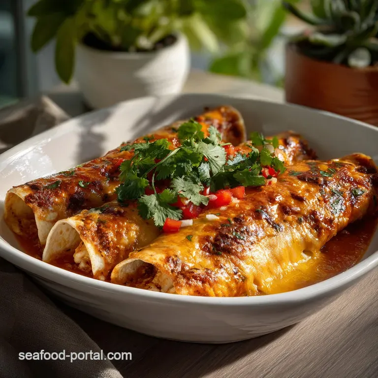 Two seafood enchiladas plated with creamy sauce drizzled artfully, accented with bright cilantro sprigs, promising a flavo...